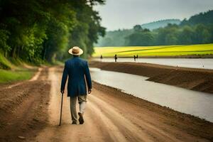 a man in a blue suit walks down a dirt road. AI-Generated photo