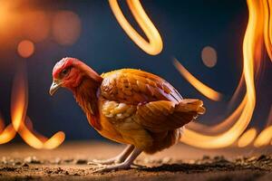 a chicken is standing in front of a fire. AI-Generated photo