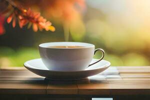 un taza de té en un de madera mesa. generado por ai foto