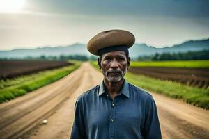 un hombre vistiendo un sombrero soportes en un suciedad la carretera. generado por ai foto