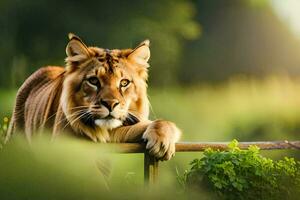a lion is sitting on a fence in the grass. AI-Generated photo