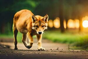 un rojo lobo caminando en un la carretera a puesta de sol. generado por ai foto