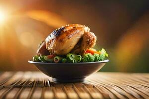 a chicken is sitting on a plate with vegetables. AI-Generated photo