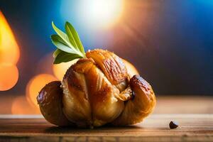 a chicken with a leaf on top of it. AI-Generated photo