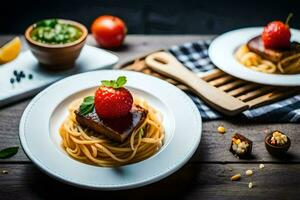 spaghetti with meat and strawberries on a wooden table. AI-Generated photo