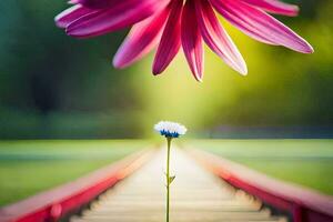 a flower is standing on a wooden bridge. AI-Generated photo