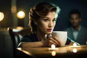 a woman sitting at a table with a cup of coffee. AI-Generated photo