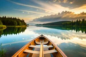 the boat is on the calm lake at sunset. AI-Generated photo