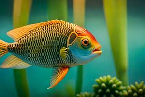 a fish with a yellow and orange body is swimming in the water. AI-Generated photo