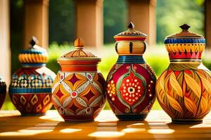 a group of colorful vases sitting on a table. AI-Generated photo