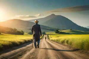 a man in a hat walks down a dirt road. AI-Generated photo