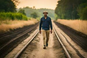 un hombre caminando en un ferrocarril pista. generado por ai foto