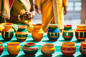 colorful pots and bowls on display at a wedding. AI-Generated photo