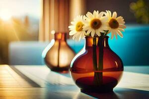 two vases with daisies on a table in front of a window. AI-Generated photo