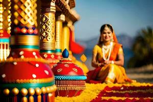 a bride in traditional indian attire sits on the ground next to colorful decorations. AI-Generated photo
