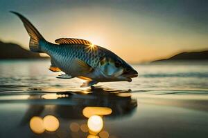 un pescado es nadando en el agua a puesta de sol. generado por ai foto