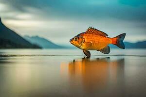 a fish is standing on the shore of a lake. AI-Generated photo