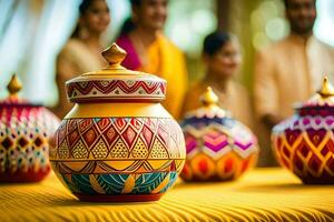 a group of people standing around a table with colorful vases. AI-Generated photo