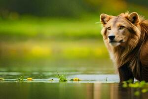 a lion standing in the water looking at the camera. AI-Generated photo