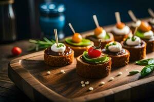 mini appetizers on a wooden tray. AI-Generated photo