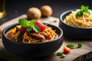 espaguetis con carne y vegetales en un bol. generado por ai foto