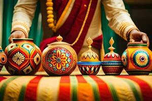 a man in traditional indian attire is holding a set of colorful pots. AI-Generated photo