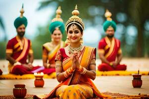 indian bride in traditional attire sitting on the ground with other women. AI-Generated photo