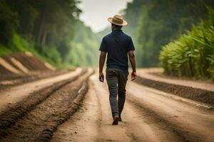 un hombre caminando abajo un suciedad la carretera en el medio de un campo. generado por ai foto