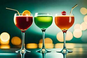 three different colored drinks in glasses on a table. AI-Generated photo