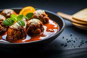 albóndigas en tomate salsa con un pan y un rebanada de limón. generado por ai foto