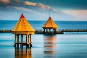 two wooden gazebos in the water with mountains in the background. AI-Generated photo