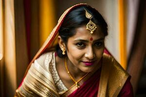 un mujer en un tradicional sari poses para el cámara. generado por ai foto