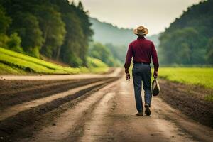 a man in a hat walks down a dirt road. AI-Generated photo