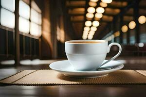 a cup of coffee on a table in a room. AI-Generated photo