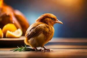 a small bird is standing next to a plate of oranges. AI-Generated photo