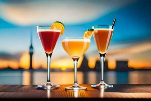 three glasses of different drinks with a city skyline in the background. AI-Generated photo