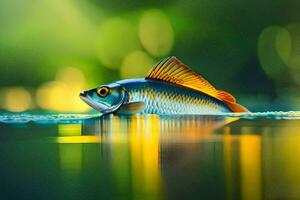 un pescado nadando en el agua con un verde antecedentes. generado por ai foto