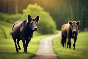 two brown horses walking down a path in the grass. AI-Generated photo