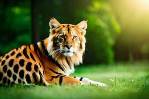 a tiger is sitting on the grass in the sun. AI-Generated photo