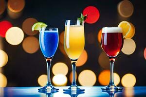 three glasses of different colored drinks on a table. AI-Generated photo