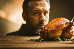 un hombre con un barba es participación un asado pollo. generado por ai foto