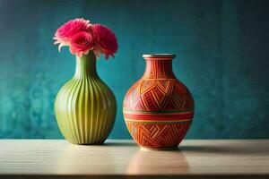 two colorful vases with pink flowers sitting on a table. AI-Generated photo
