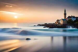 a long exposure photograph of a lighthouse and waves crashing on the shore. AI-Generated photo