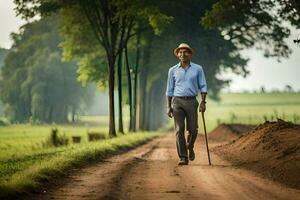 un hombre caminando en un suciedad la carretera con un caña. generado por ai foto