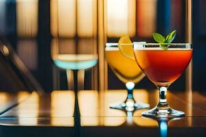 two cocktails sit on a table in front of a window. AI-Generated photo