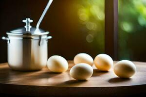 eggs on a table with a pot and a spoon. AI-Generated photo