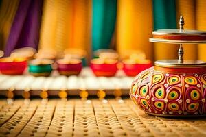 a colorful pot with a lid on a table. AI-Generated photo