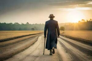 un hombre en un largo Saco y sombrero caminando abajo un suciedad la carretera. generado por ai foto