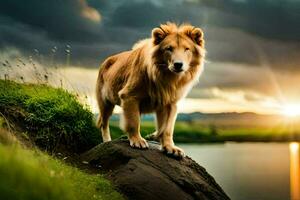 un león en pie en un rock con vista a un lago. generado por ai foto