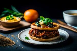 a sandwich with spaghetti and sauce on a plate. AI-Generated photo